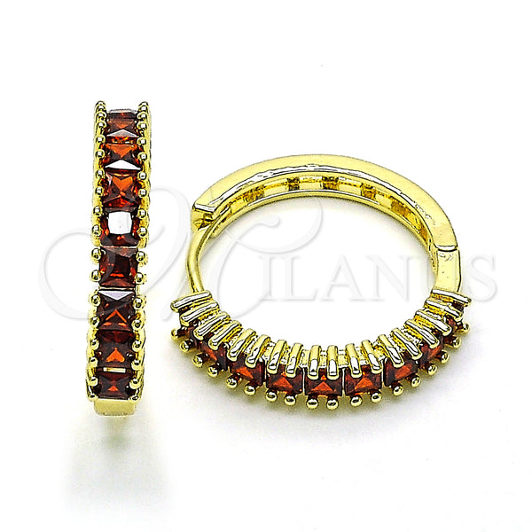 Gold Filled Hoop Earrings — Huggie Hoop with Garnet Cubic Zirconia Polished 02. — main product view — SKU 150080 | Oro Laminado aretes de aro — Huggie Hoop with Garnet Cubic Zirconia pulido 02. — SKU 150080