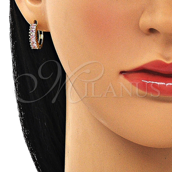 Gold Filled Hoop Earrings — Huggie Hoop with Pink Cubic Zirconia Polished 02. — alternate product view — SKU 150086 | Oro Laminado aretes de aro — Huggie Hoop with Pink Cubic Zirconia pulido 02. — SKU 150086