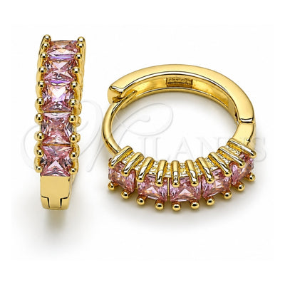 Oro Laminado Huggie Hoop, Gold Filled Style with Pink Cubic Zirconia, Polished, Golden Finish, 02.210.0105.13.15