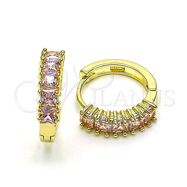Gold Filled Hoop Earrings — Huggie Hoop with Pink Cubic Zirconia Polished 02. — main product view — SKU 150086 | Oro Laminado aretes de aro — Huggie Hoop with Pink Cubic Zirconia pulido 02. — SKU 150086
