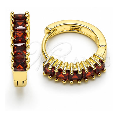 Oro Laminado Huggie Hoop, Gold Filled Style with Garnet Cubic Zirconia, Polished, Golden Finish, 02.210.0105.15.15