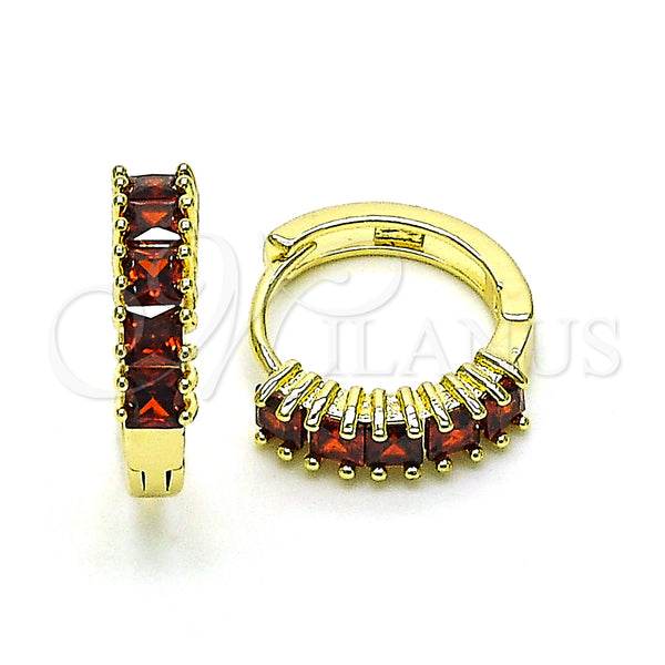 Gold Filled Hoop Earrings — Huggie Hoop with Garnet Cubic Zirconia Polished 02. — main product view — SKU 150088 | Oro Laminado aretes de aro — Huggie Hoop with Garnet Cubic Zirconia pulido 02. — SKU 150088