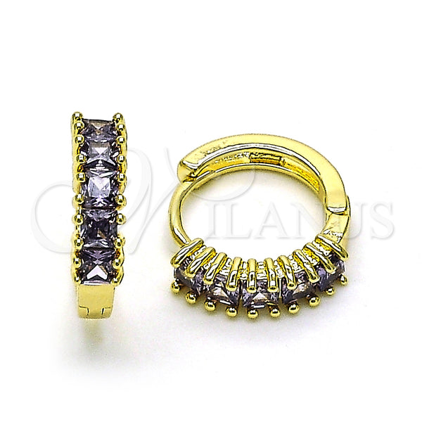 Gold Filled Hoop Earrings — Huggie Hoop with Amethyst Cubic Zirconia Polished 02. — main product view — SKU 150089 | Oro Laminado aretes de aro — Huggie Hoop with Amethyst Cubic Zirconia pulido 02. — SKU 150089