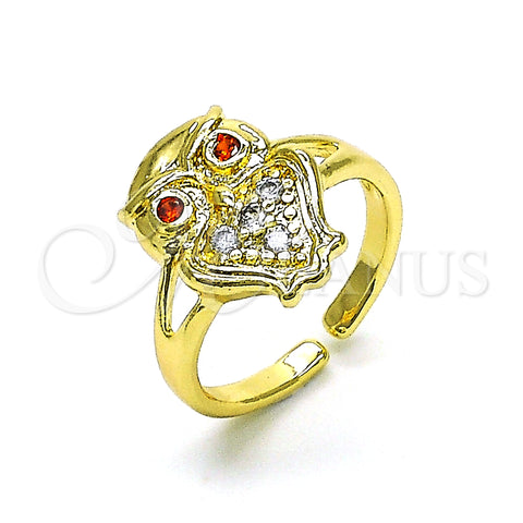 Oro Laminado Multi Stone Ring, Gold Filled Style Owl Design, with White Micro Pave and Garnet Cubic Zirconia, Polished, Golden Finish, 01.210.0078 (One size fits all)