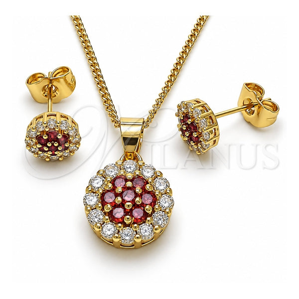 Oro Laminado Earring and Pendant Adult Set, Gold Filled Style with Garnet and White Cubic Zirconia, Polished, Golden Finish, 10.344.0009.3