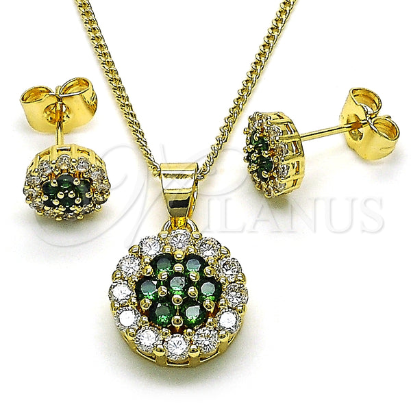 Oro Laminado Earring and Pendant Adult Set, Gold Filled Style with Green and White Cubic Zirconia, Polished, Golden Finish, 10.344.0009.4