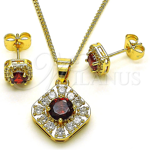 Oro Laminado Earring and Pendant Adult Set, Gold Filled Style with Garnet Cubic Zirconia and White Micro Pave, Polished, Golden Finish, 10.344.0016.3