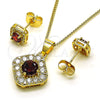 Oro Laminado Earring and Pendant Adult Set, Gold Filled Style Cluster Design, with Garnet Cubic Zirconia and White Micro Pave, Polished, Golden Finish, 10.344.0016.3