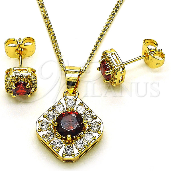 Oro Laminado Earring and Pendant Adult Set, Gold Filled Style Cluster Design, with Garnet Cubic Zirconia and White Micro Pave, Polished, Golden Finish, 10.344.0016.3
