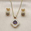 Oro Laminado Earring and Pendant Adult Set, Gold Filled Style Cluster Design, with Amethyst Cubic Zirconia and White Micro Pave, Polished, Golden Finish, 10.344.0016.4