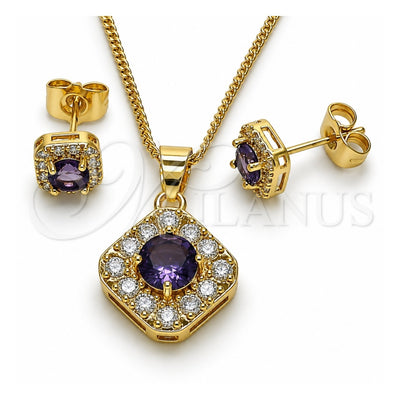 Oro Laminado Earring and Pendant Adult Set, Gold Filled Style Cluster Design, with Amethyst Cubic Zirconia and White Micro Pave, Polished, Golden Finish, 10.344.0016.4