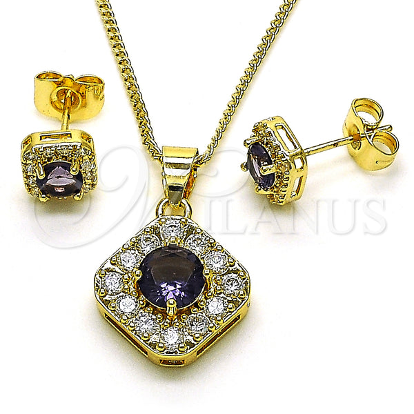 Oro Laminado Earring and Pendant Adult Set, Gold Filled Style Cluster Design, with Amethyst Cubic Zirconia and White Micro Pave, Polished, Golden Finish, 10.344.0016.4