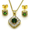 Oro Laminado Earring and Pendant Adult Set, Gold Filled Style Cluster Design, with Green Cubic Zirconia and White Micro Pave, Polished, Golden Finish, 10.344.0016.5