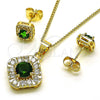 Oro Laminado Earring and Pendant Adult Set, Gold Filled Style Cluster Design, with Green Cubic Zirconia and White Micro Pave, Polished, Golden Finish, 10.344.0016.5