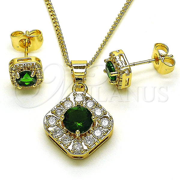 Oro Laminado Earring and Pendant Adult Set, Gold Filled Style Cluster Design, with Green Cubic Zirconia and White Micro Pave, Polished, Golden Finish, 10.344.0016.5