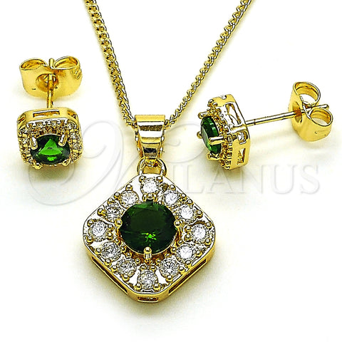 Oro Laminado Earring and Pendant Adult Set, Gold Filled Style Cluster Design, with Green Cubic Zirconia and White Micro Pave, Polished, Golden Finish, 10.344.0016.5