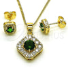 Oro Laminado Earring and Pendant Adult Set, Gold Filled Style Cluster Design, with Green Cubic Zirconia and White Micro Pave, Polished, Golden Finish, 10.344.0016.5