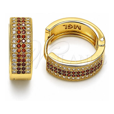 Oro Laminado Huggie Hoop, Gold Filled Style with Garnet and White Micro Pave, Polished, Golden Finish, 02.195.0072.1.20