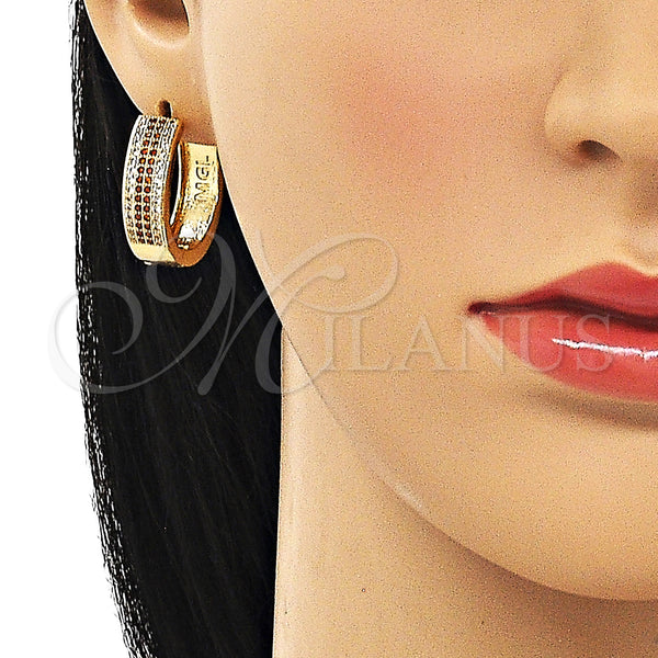 Gold Filled Hoop Earrings — Huggie Hoop with Garnet and White Micro Pave — alternate product view — SKU 150123 | Oro Laminado aretes de aro — Huggie Hoop with Garnet and blanco Micro Pave — SKU 150123