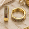 Oro Laminado Huggie Hoop, Gold Filled Style with Garnet and White Micro Pave, Polished, Golden Finish, 02.195.0072.1.25