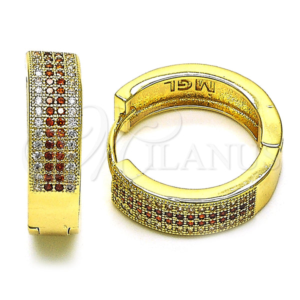 Gold Filled Hoop Earrings — Huggie Hoop with Garnet and White Micro Pave — main product view — SKU 150123 | Oro Laminado aretes de aro — Huggie Hoop with Garnet and blanco Micro Pave — SKU 150123