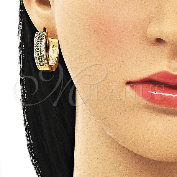 Gold Filled Hoop Earrings — Huggie Hoop with Green and White Micro Pave — alternate product view — SKU 150125 | Oro Laminado aretes de aro — Huggie Hoop with Green and blanco Micro Pave — SKU 150125