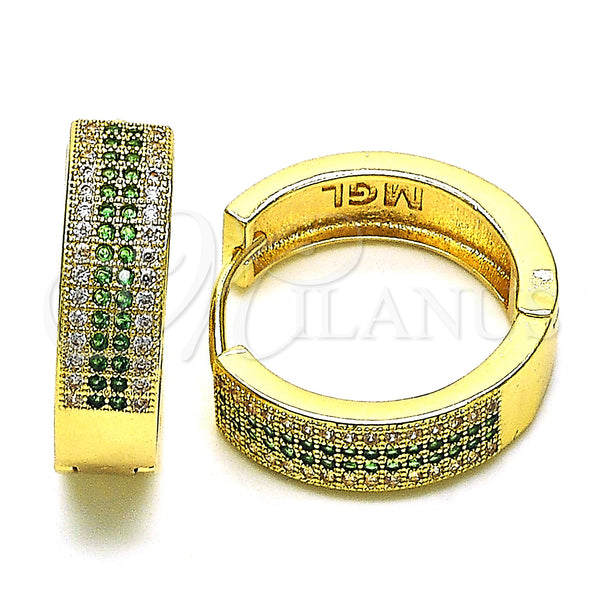Gold Filled Hoop Earrings — Huggie Hoop with Green and White Micro Pave — main product view — SKU 150125 | Oro Laminado aretes de aro — Huggie Hoop with Green and blanco Micro Pave — SKU 150125