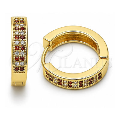 Oro Laminado Huggie Hoop, Gold Filled Style with Garnet and White Micro Pave, Polished, Golden Finish, 02.195.0104.2.20