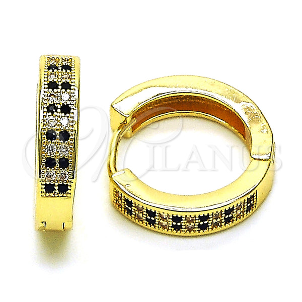 Gold Filled Hoop Earrings — Huggie Hoop with Black and White Micro Pave — main product view — SKU 150140 | Oro Laminado aretes de aro — Huggie Hoop with negro and blanco Micro Pave — SKU 150140