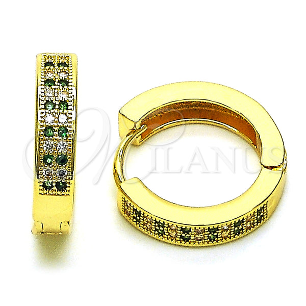 Gold Filled Hoop Earrings — Huggie Hoop with Green and White Micro Pave — main product view — SKU 150141 | Oro Laminado aretes de aro — Huggie Hoop with Green and blanco Micro Pave — SKU 150141