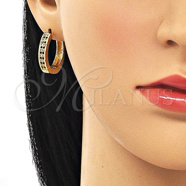 Gold Filled Hoop Earrings — Huggie Hoop with Black and White Micro Pave — alternate product view — SKU 150145 | Oro Laminado aretes de aro — Huggie Hoop with negro and blanco Micro Pave — SKU 150145