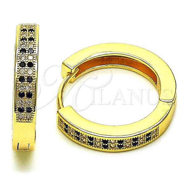 Gold Filled Hoop Earrings — Huggie Hoop with Black and White Micro Pave — main product view — SKU 150145 | Oro Laminado aretes de aro — Huggie Hoop with negro and blanco Micro Pave — SKU 150145