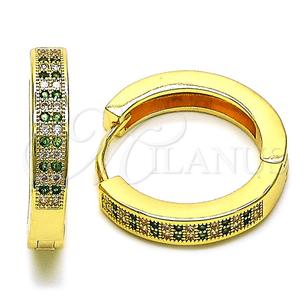 Gold Filled Hoop Earrings — Huggie Hoop with Green and White Micro Pave — main product view — SKU 150146 | Oro Laminado aretes de aro — Huggie Hoop with Green and blanco Micro Pave — SKU 150146
