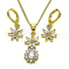 Oro Laminado Earring and Pendant Adult Set, Gold Filled Style Flower and Teardrop Design, with White Cubic Zirconia, Polished, Golden Finish, 10.316.0065