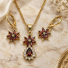 Oro Laminado Earring and Pendant Adult Set, Gold Filled Style Flower and Teardrop Design, with Garnet and White Cubic Zirconia, Polished, Golden Finish, 10.316.0065.1