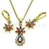Oro Laminado Earring and Pendant Adult Set, Gold Filled Style Flower and Teardrop Design, with Garnet and White Cubic Zirconia, Polished, Golden Finish, 10.316.0065.1