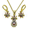 Oro Laminado Earring and Pendant Adult Set, Gold Filled Style Flower and Teardrop Design, with Multicolor and White Cubic Zirconia, Polished, Golden Finish, 10.316.0065.2
