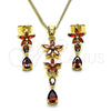 Oro Laminado Earring and Pendant Adult Set, Gold Filled Style Flower and Teardrop Design, with Garnet Cubic Zirconia, Polished, Golden Finish, 10.316.0067.1