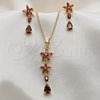 Oro Laminado Earring and Pendant Adult Set, Gold Filled Style Flower and Teardrop Design, with Garnet Cubic Zirconia, Polished, Golden Finish, 10.316.0067.1