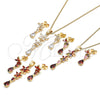 Oro Laminado Earring and Pendant Adult Set, Gold Filled Style Flower and Teardrop Design, with Garnet Cubic Zirconia, Polished, Golden Finish, 10.316.0067.1