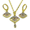Oro Laminado Earring and Pendant Adult Set, Gold Filled Style Evil Eye and Teardrop Design, with Multicolor Micro Pave, Polished, Golden Finish, 10.196.0013
