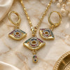 Oro Laminado Earring and Pendant Adult Set, Gold Filled Style Evil Eye and Teardrop Design, with Multicolor Micro Pave, Polished, Golden Finish, 10.196.0013
