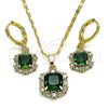 Oro Laminado Earring and Pendant Adult Set, Gold Filled Style Baguette Design, with White Micro Pave and Green Cubic Zirconia, Polished, Golden Finish, 10.196.0015