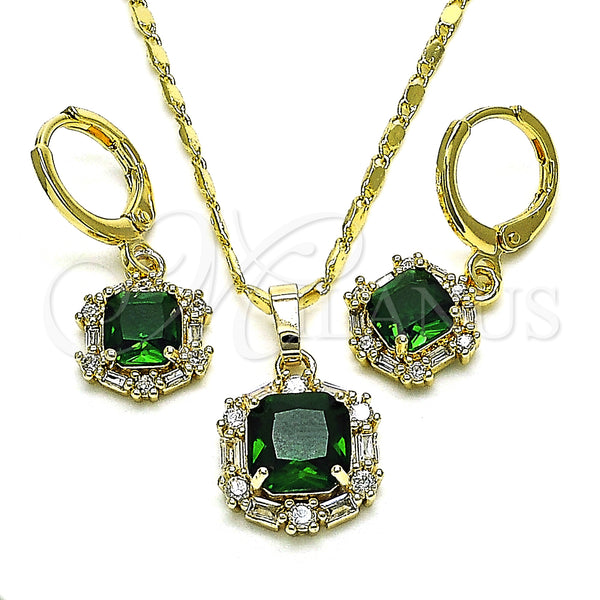 Oro Laminado Earring and Pendant Adult Set, Gold Filled Style Baguette Design, with White Micro Pave and Green Cubic Zirconia, Polished, Golden Finish, 10.196.0015