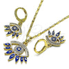 Oro Laminado Earring and Pendant Adult Set, Gold Filled Style Evil Eye Design, with White Micro Pave, Blue Enamel Finish, Golden Finish, 10.196.0020