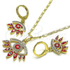 Oro Laminado Earring and Pendant Adult Set, Gold Filled Style Evil Eye Design, with White Micro Pave, Red Enamel Finish, Golden Finish, 10.196.0020.1