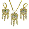 Oro Laminado Earring and Pendant Adult Set, Gold Filled Style Heart and Flower Design, with Green and White Cubic Zirconia, Polished, Golden Finish, 10.196.0023