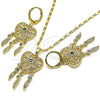 Oro Laminado Earring and Pendant Adult Set, Gold Filled Style Heart and Flower Design, with Green and White Cubic Zirconia, Polished, Golden Finish, 10.196.0023