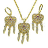 Oro Laminado Earring and Pendant Adult Set, Gold Filled Style Heart and Flower Design, with Ruby and White Cubic Zirconia, Polished, Golden Finish, 10.196.0023.1