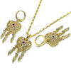 Oro Laminado Earring and Pendant Adult Set, Gold Filled Style Heart and Flower Design, with Ruby and White Cubic Zirconia, Polished, Golden Finish, 10.196.0023.1